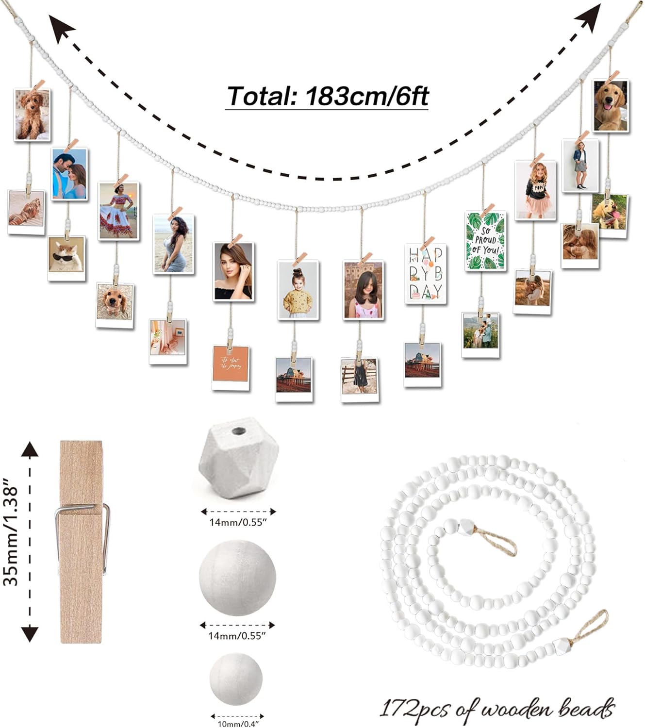 6 Feet Wooden Beads Garland with Clothespins Picture Cards Holder - Country Farmhouse Christmas Nursery Boho Holiday Decorations with Clips