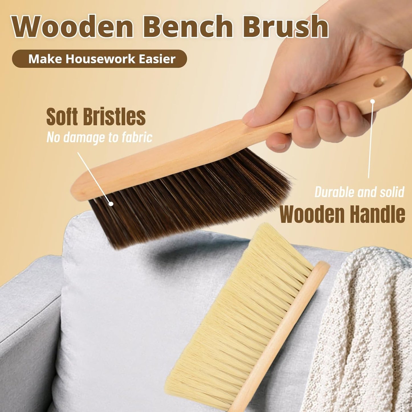 2 Pieces Woooden Dust Brush Hand Broom Bench Brush with Long Wood Handle Whisk Broom Soft Bristle Brush for Counter Bed Sofa Car Fireplace Clothes Household Cleaning(Brown, Khaki)