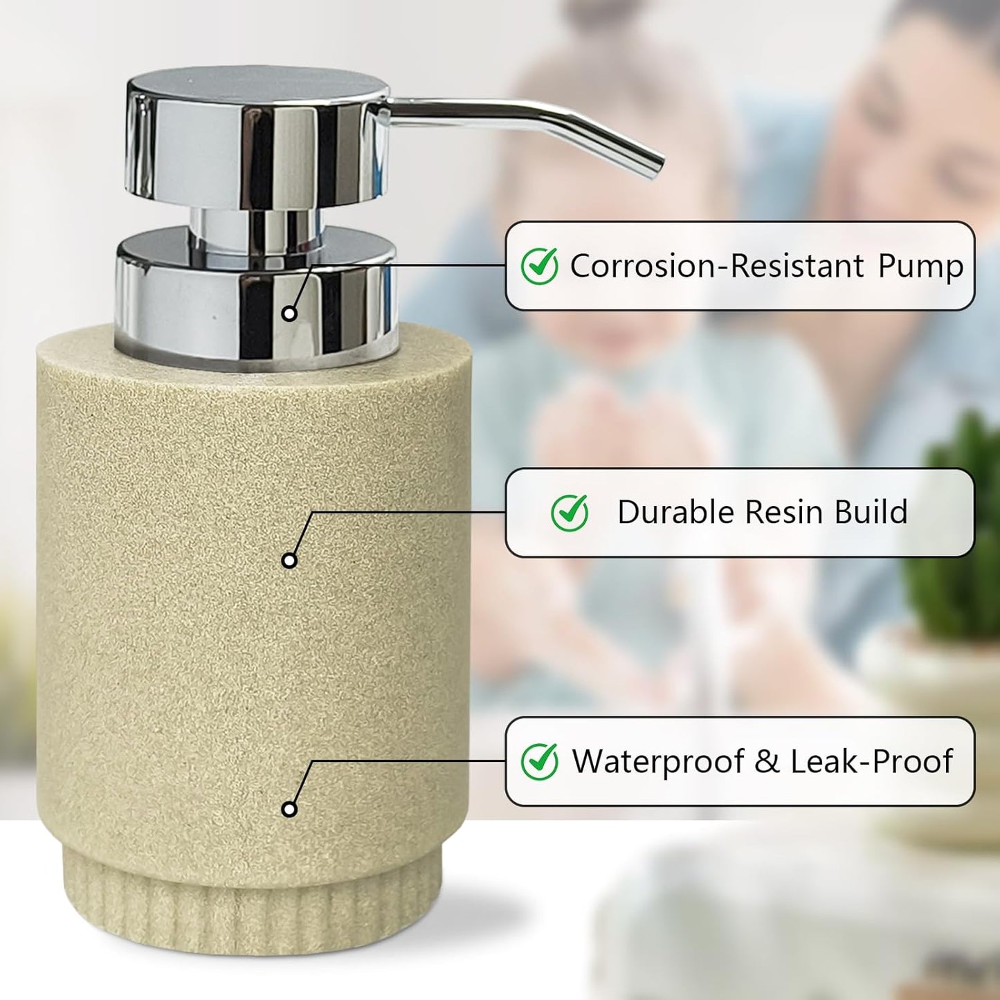 Resin Soap Dispenser for Bathroom, Hand Lotion Liquid Dispenser Easy-to-Press with Reusable Plastic Pump for Shampoo Bathroom Kitchen Countertop Rust-Proof 10 oz Beige