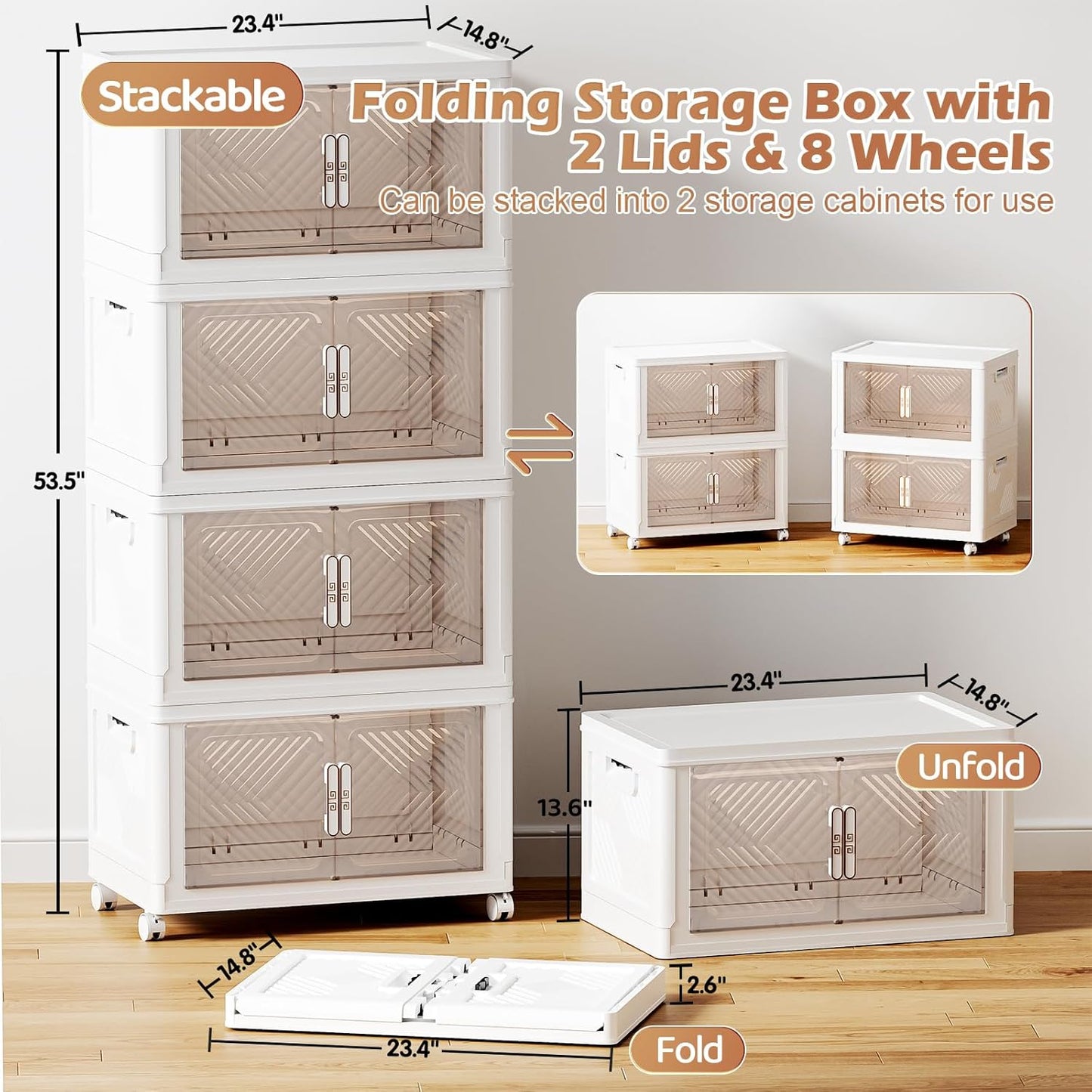 Storage Bins with Lid 76QT, Stackable Storage Containers with Wheels and Magnetic Doors, Plastic Clothes Closet Organizers and Storage Box for Pantry, Home and Office (4 Pack)