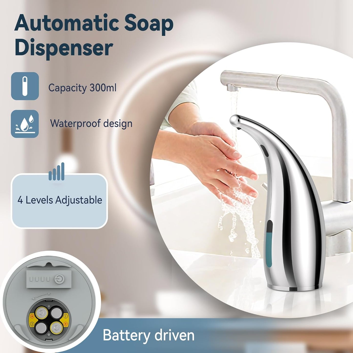 Automatic Soap Dispenser with Infrared Sensor - Adjustable 4-Level Touchless Hand Soap for Kitchen, Bathroom - Battery Operated Electric Dispenser, Durable Plastic, Smart Soap Holder (Silver)