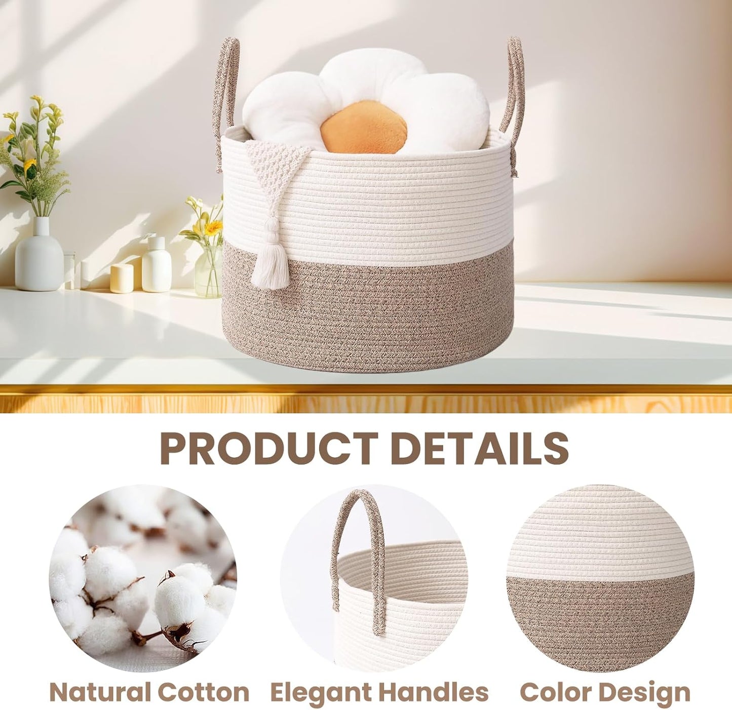 Woven Blanket Basket,65L Large Rope Storage Bin with Handles, Organizer for Blankets Toys Book and Clothes, Laundry Basket for Living Room Bedroom Nursery,White&Brown