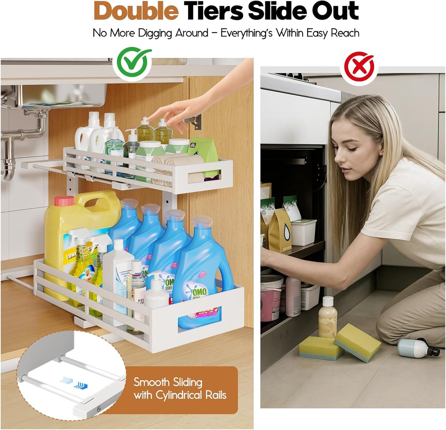 2-Pack 17"Deep Under Sink Organizer And Storage, 2-Tier L-Shaped Pull Out Cabinet Organizer with Upgraded Slide Rails, Height Adjustable Drawers for Kitchen&Bathroom, Extra-Large Storage Shelves–White
