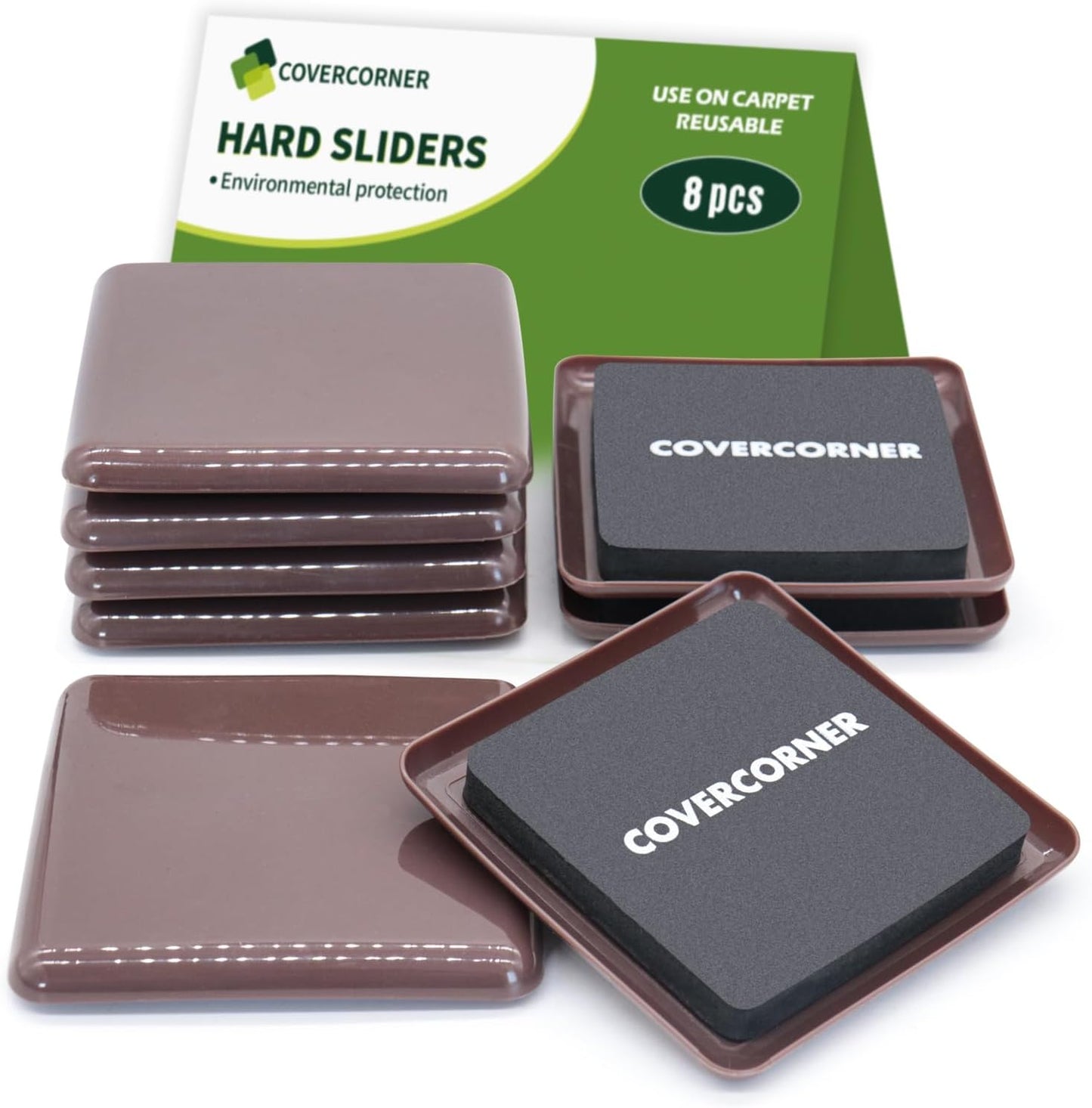 Furniture Sliders for Carpet 8 PCS - 3 1/2 inch Furniture Moving Slider Chair Legs Floors Protectors Square Furniture Movers Sliders – Move Your Furniture Easy & Safely(for Carpet)-Brown