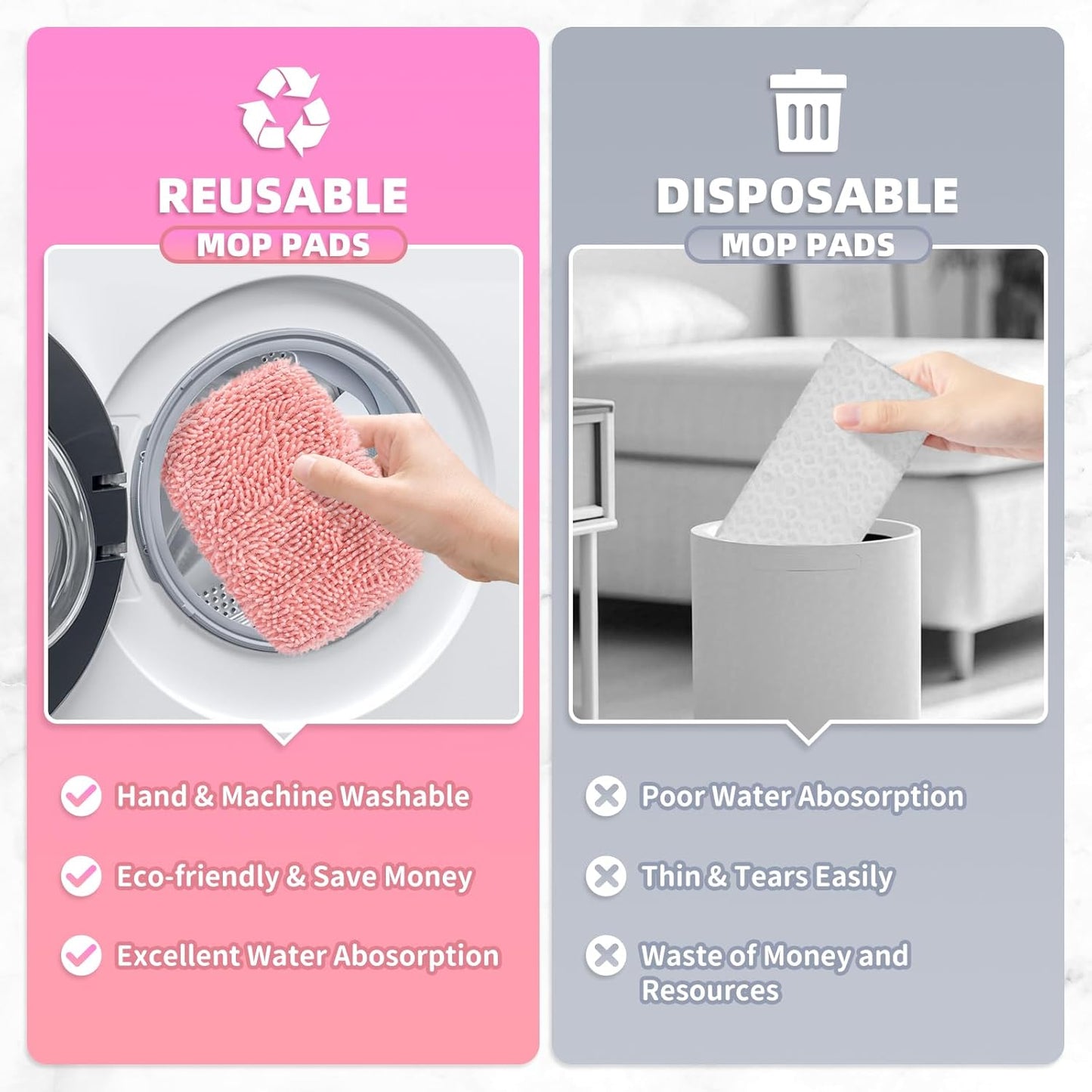 4 Pack Reusable Mop Pads Compatible with Swiffer Sweeper, Microfiber Chenille Washable Swiffer Mop Pads, Dry & Wet Sweeping Mopping Cloths (Pink)