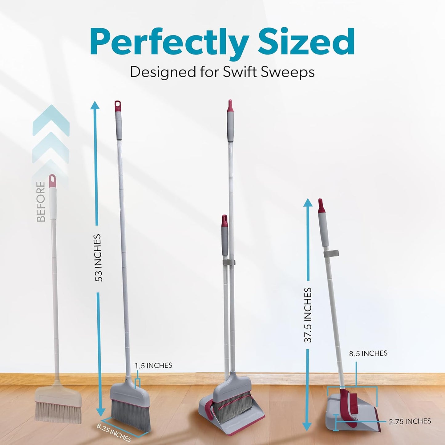 BLACK+DECKER Butler Broom & Dustpan Set - Stand-Up Design - Lightweight, Space-Saving Combo for Kitchen, Living Room, Bathroom, Lobby Floors - Home Cleaning Essential, Light Gray/Burgundy