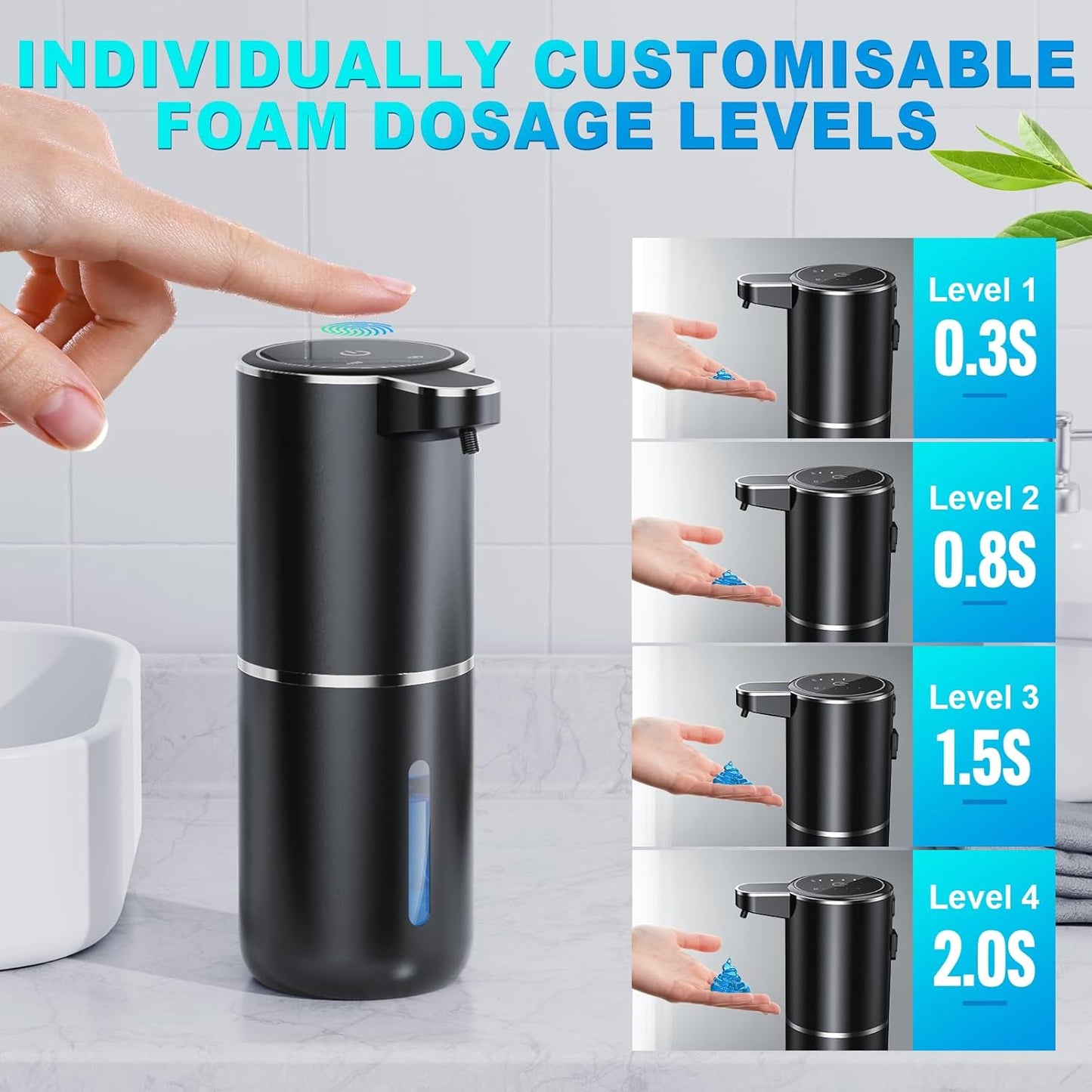 Automatic Liquid Soap Dispenser, 12.8oz/380ml Wall Mount Touchless Soap Dispenser with Sensor, 4-Level Adjustable, IPX5 Waterproof, USB Rechargeable for Bathroom, Kitchen