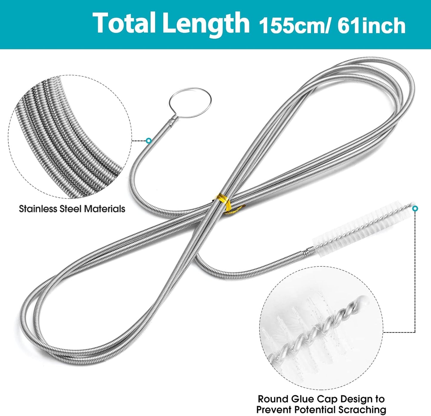 Extra-Thick Drain Brush with Stronger Spring 61-Inch Stainless Steel and Nylon Pipe Cleaner for Flexible, Curved & Slim Holes, Stronger Spring Version