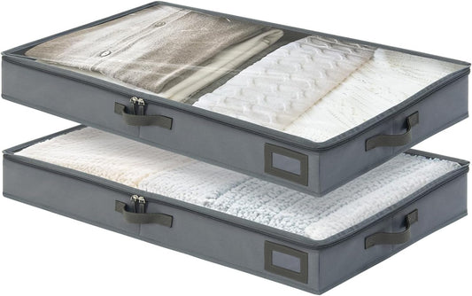 4-Inch Under Bed Storage Containers (2-Pack) | Sturdy Sidewalls | Clear Cover & Label Holder | Foldable Closet Organizer | Stores Clothing/Blankets/Sweaters/Sheets