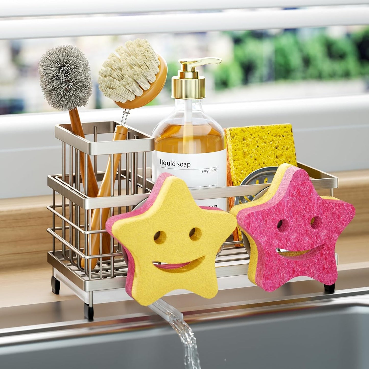 HapiRm Sink Caddy Sponge Holder - Self-draining Kitchen Sink Organizer with Smiley Face and Brush Holder, Stainless Steel Kitchen Sponge Caddy for Countertop - Brushed Nickel