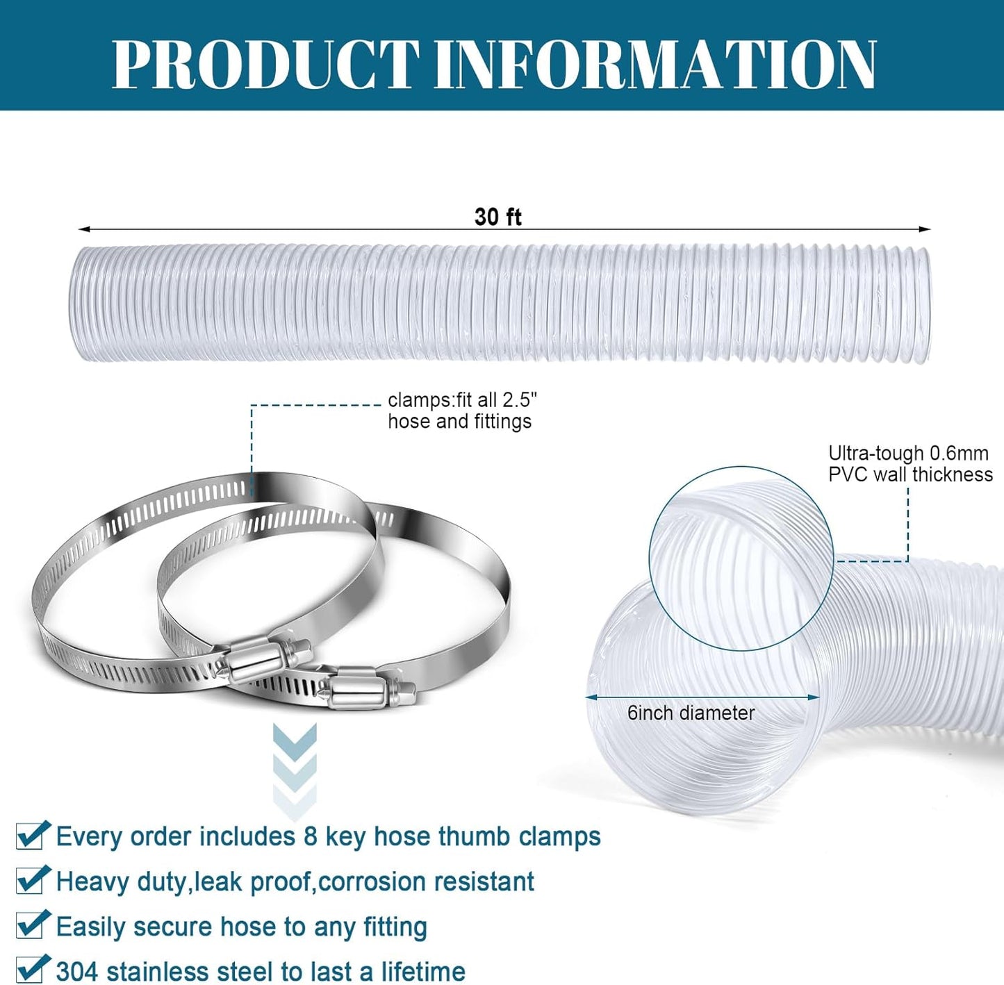 6 Inches 30 ft PVC Dust Collection Hose with Stainless Steel Clamps Set Flexible Clear Vacuum Puncture Resistant Fume Hose for Vacuums Cleaner Fume Dust Collection System (White)