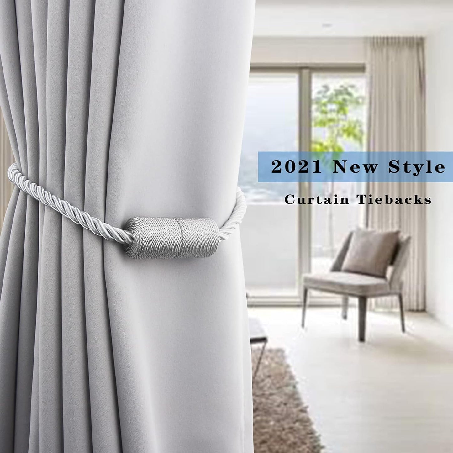 2 Pack Grey Strong Magnetic Curtain Tiebacks Outdoor Elegant Decorative Tie Backs Modern Rope Tiebacks for Drapes Window Curtain Holdbacks for Draperies
