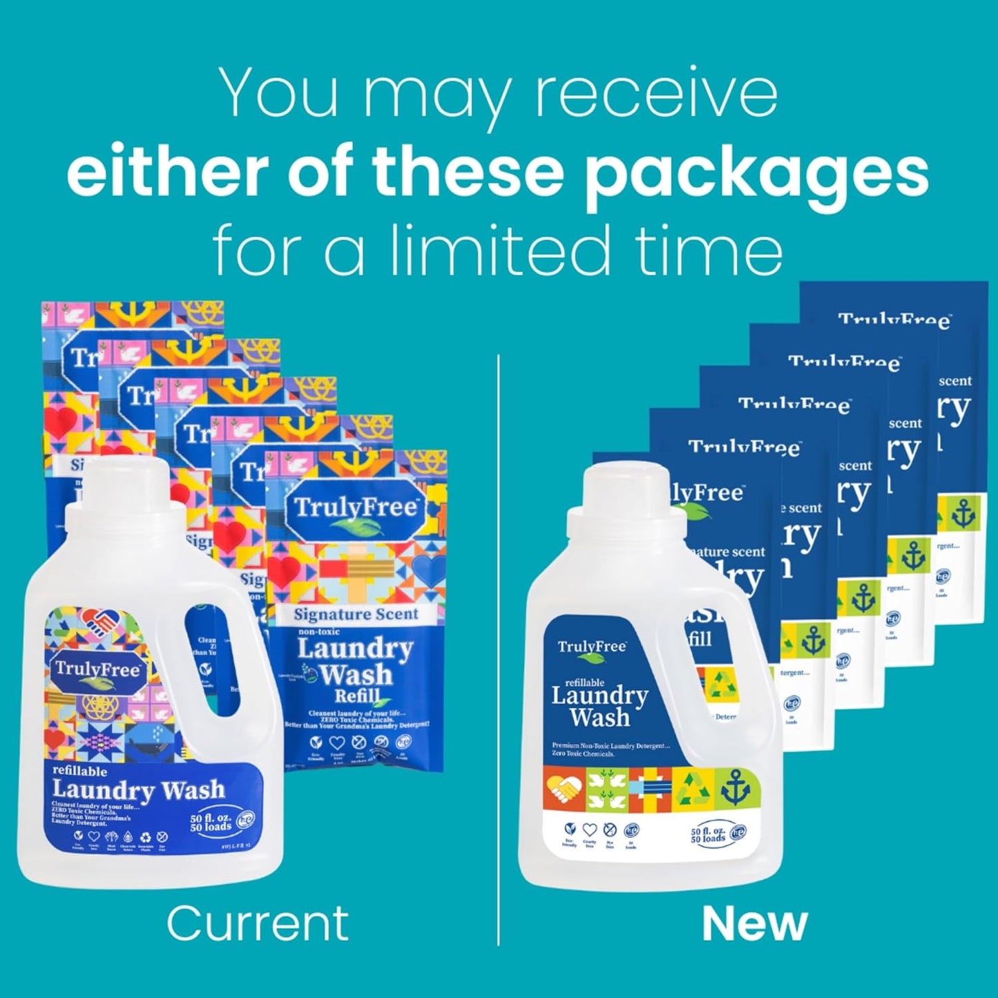 Truly Free Natural Laundry Detergent for Sensitive Skin | Eco Friendly, Plant Based, Baby Clothes Safe | Clean & Easy Powder to Liquid, 5 Pack Detergent + 1 Refillable Jug | Signature Scent 250 Loads