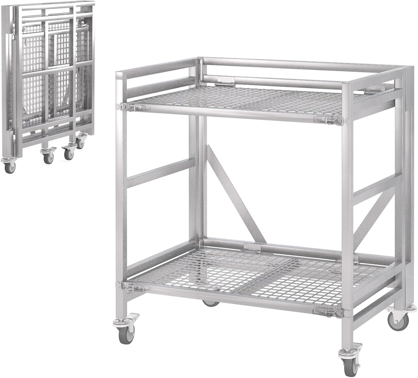 2 Shelf Rolling Cart with Wheels, 660lbs Capacity Collapsible Steel Rolling Utility Cart, Heavy-Duty Foldable Hand Truck, Metal Storage Carts with Handle for Groceries, Warehouse (36" Lx26 W)