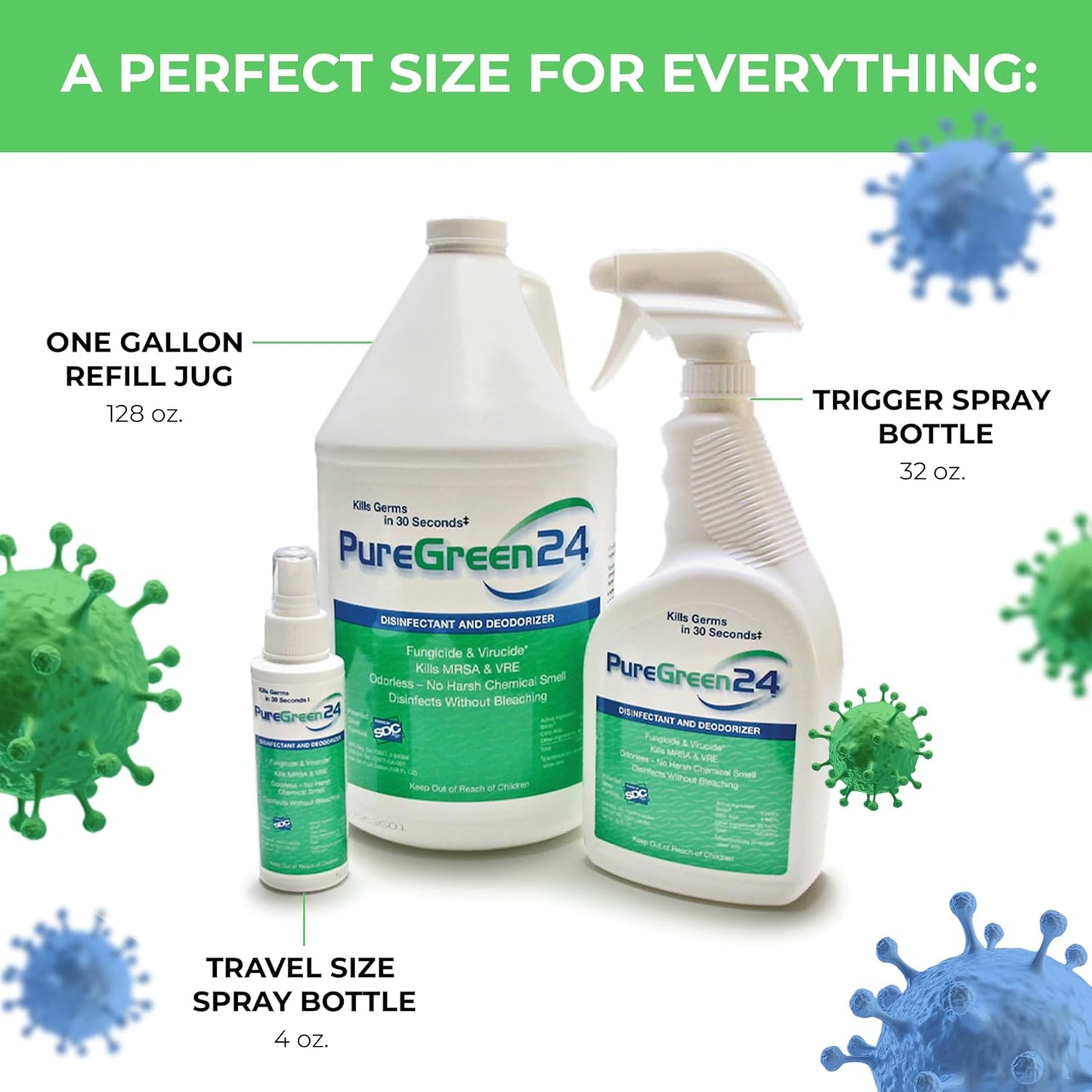 PureGreen24 Safe & Effective Disinfectant. Kills Deadly Germs including RSV COVID-19 Norovirus MRSA Staph 2025 flu Bird flu Contains no toxic chemicals odorless child & pet safe 2 32oz spray bottles