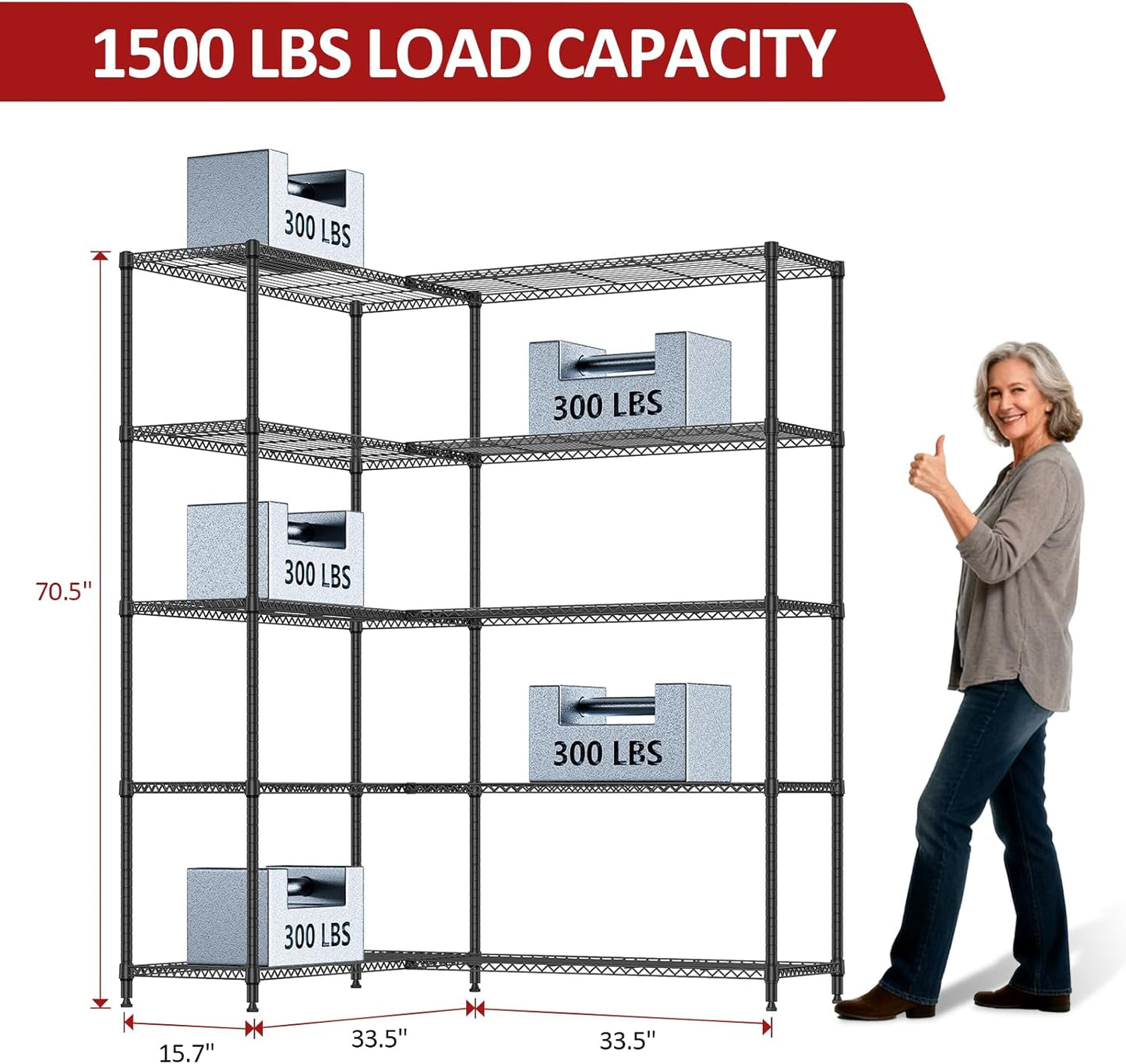 IZEUK 1433 LBS Garage Shelving Wide Storage Shelves Metal Shelves Heavy Duty Adjustable Utility Shelf Rack (Black, 15.7" D x 33.5" W x 70.5" H)