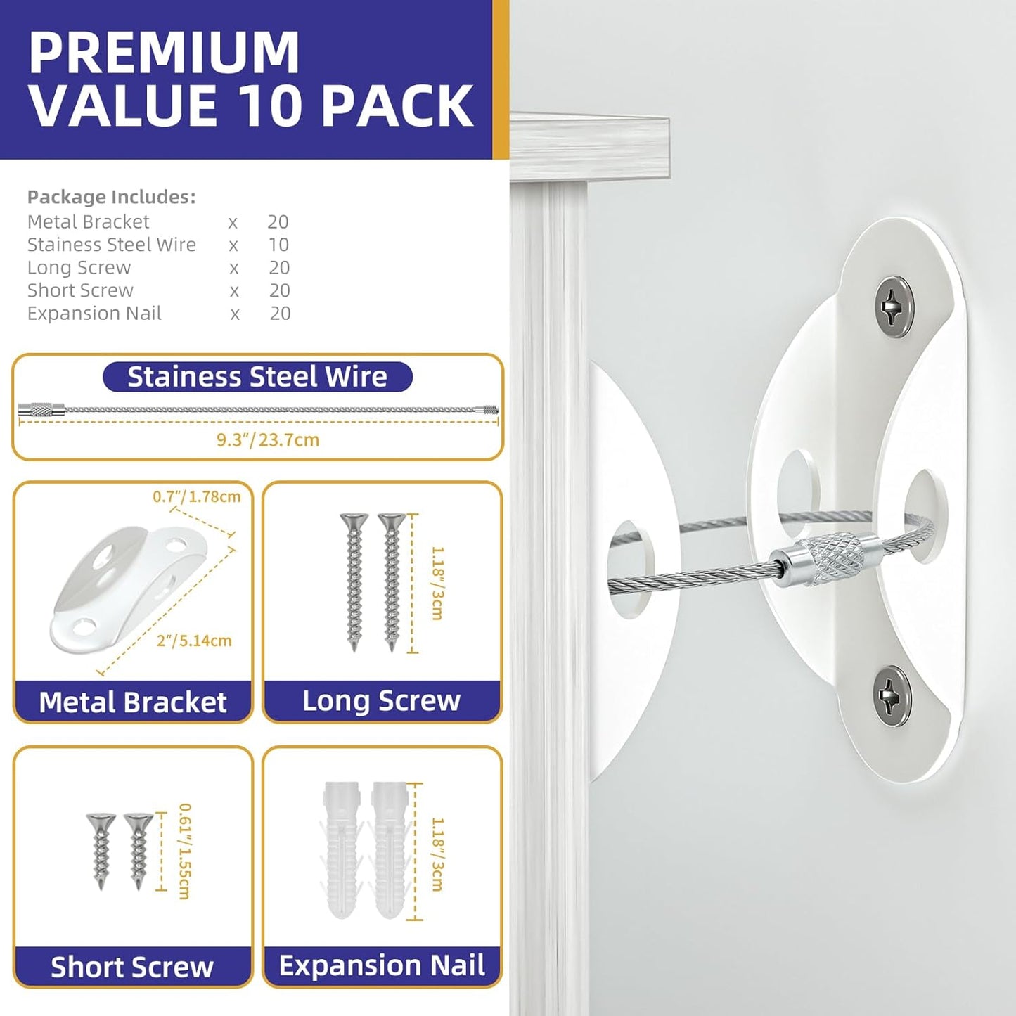 4our Kiddies 10 Pack Furniture Anchors for Baby Proofing, Anti Tip Furniture Wall Anchors, Secure 400 Pounds Cabinet, Bookcase, Dresser to Wall, Earthquake Furniture Straps for Child Safety