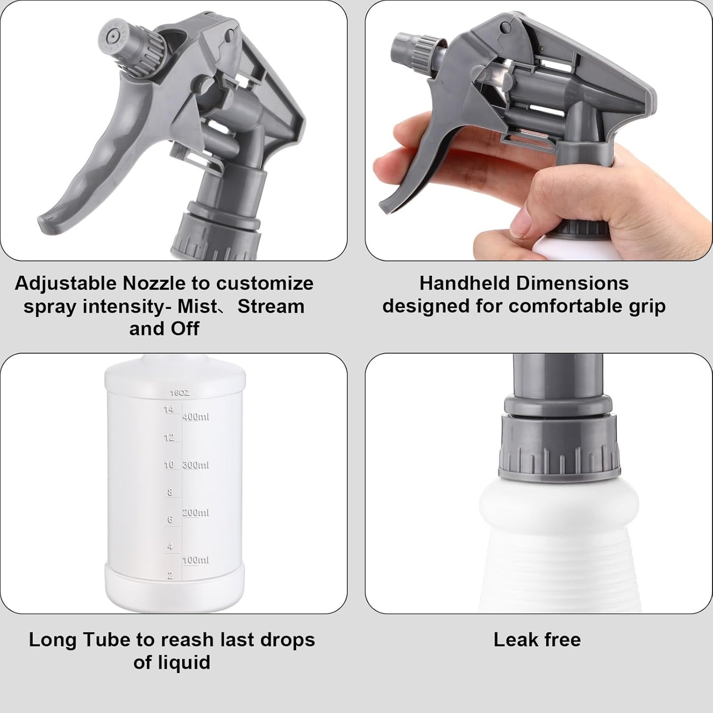 Eccliy 12 Pcs 16 Oz Plastic Spray Bottle, Adjustable Empty Reusable Sprayer for Cleaning, Planting, Water, Bathroom and Kitchen, BBQ, Commercial and Residential(Grey, Measurement)