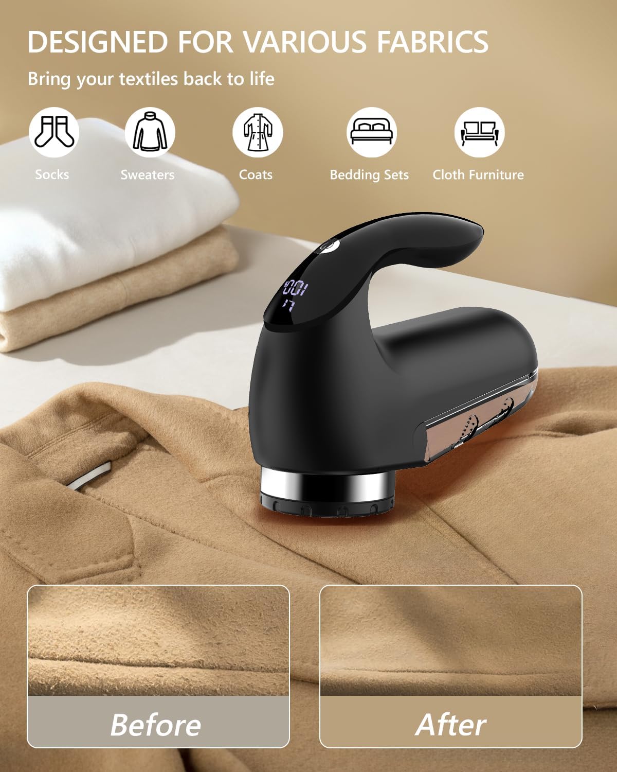 Electric Fabric Shaver with LED Display, 2-Speeds Lint Remover, Rechargeable Sweater Shaver, Fuzz Pill Bobble Remover for Fabric Fleece Curtains Clothes, Black