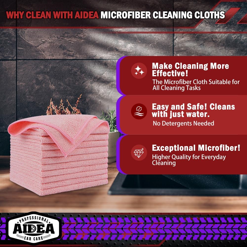AIDEA Microfiber Cleaning Cloth Pink 20PK, Microfiber Towels for Cars, Premium Car Cloths, Dusting Cloth Lint Free Cleaning Rags for SUVs, House, Kitchen, Window, Workshops,12×12"