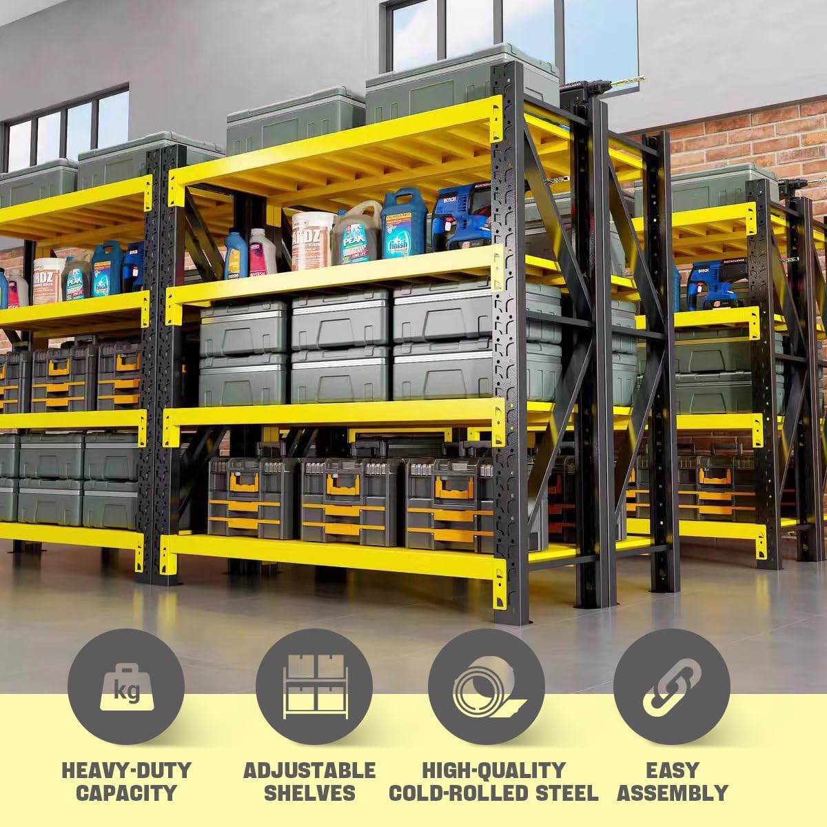 5000lbs Load Capacity,Heavy Duty 4-Tier Steel Shelving Unit, Adjustable Industrial Storage Rack for Garage Warehouse (Yellow and Black, W78.74*D23.62*H78.74)