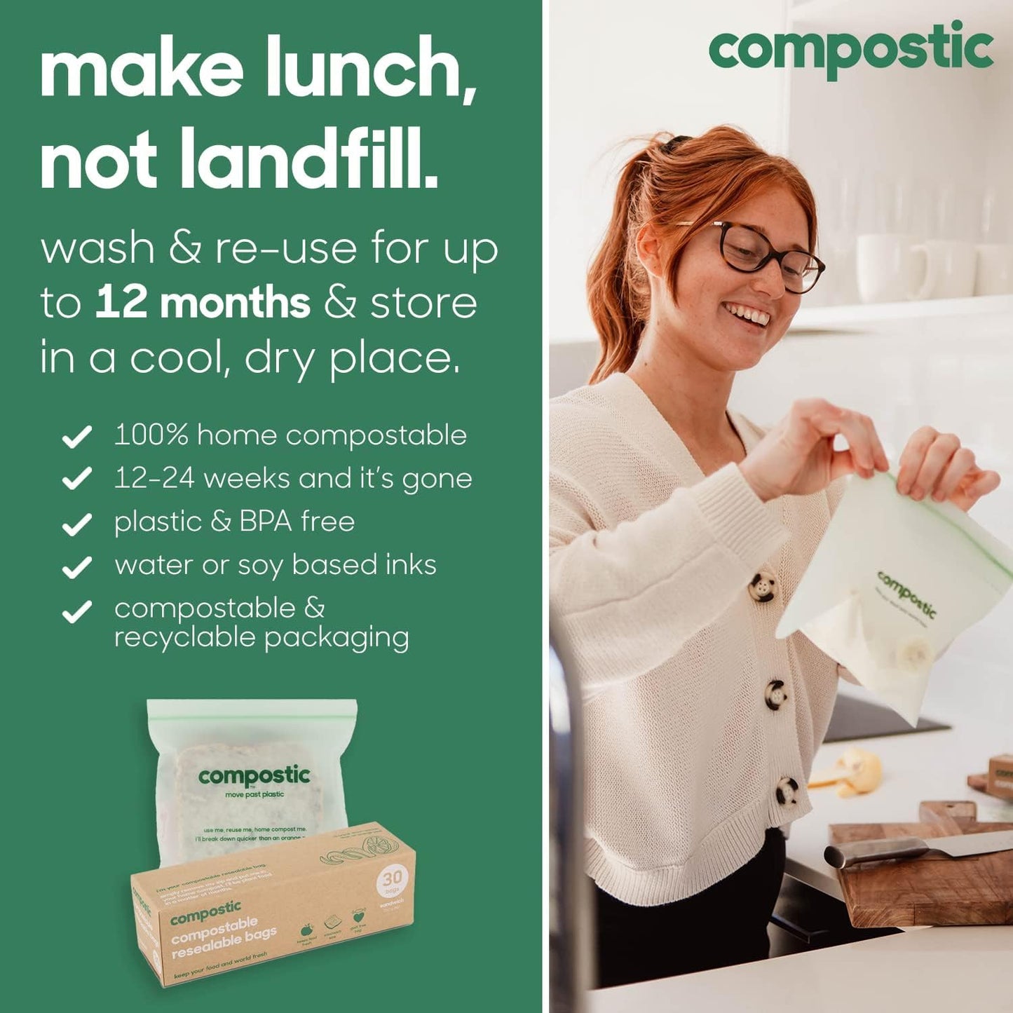 Compostic Home Compostable Resealable Snack Bags (6"x 3.5"), Microwave & Freezer Safe, Organic Food Storage Container, 100 Count