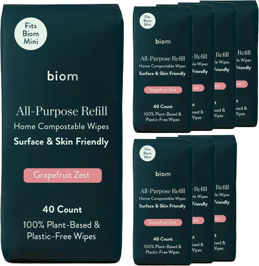 Biom Biodegradable All-Purpose Mini Wipes 8-Pack Refill - Eco-Friendly Cleaning Wipes | Plant-Based Surface Cleaner Home & Travel | Kid & Pet Friendly | All Natural & Non-Toxic | Grapefruit
