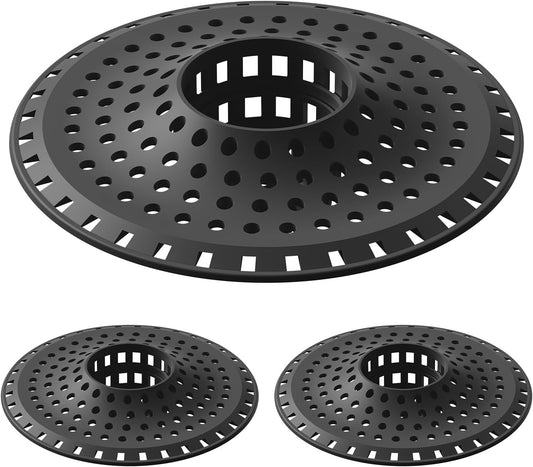 Shower Hair Drain Catcher, Silicone Bathtub Drain Hair Catcher Strainer, All-in-one Tub Hair Catcher Drain Protector for 1.48'' to 1.76'' Regular Drains, 3PCS/Black