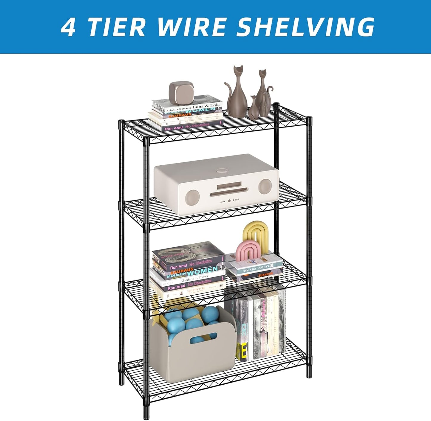 4-Shelf Adjustable Metal Shelf Wire Shelving Unit Storage Rack Display Shelf for Office,Kitchen,Bedroom,Bathroom,Laundry,Pantry Basement,Garage(Black,36" L x 14" W x 54" H)