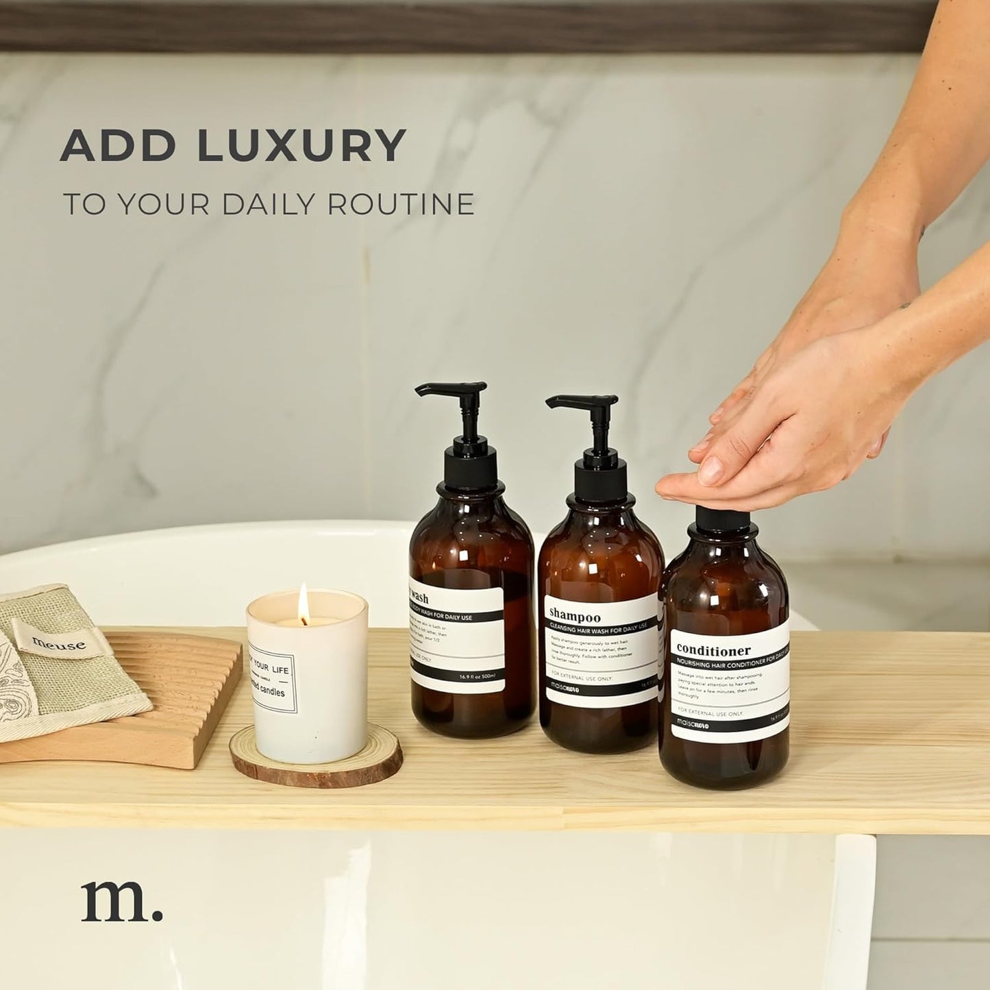 MaisoNovo Refillable Shampoo and Conditioner Bottles | 16.9 fl oz Set of 3 Amber Plastic Bottles Black Pumps