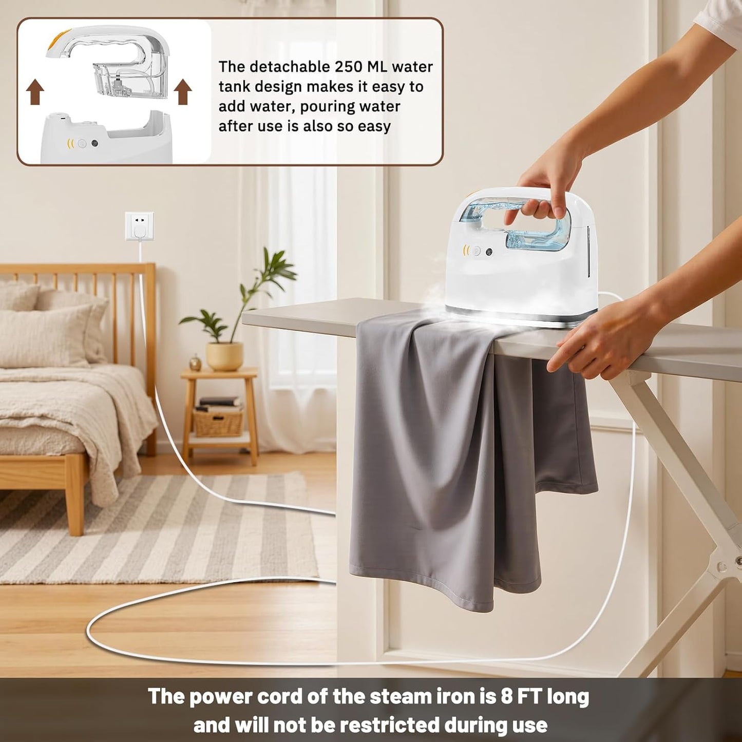 Mini Steamer＆Iron 2 in 1 Garment Steamer, Portable Travel Size Steam Iron for Clothes,1000W, 3 Mode Ironing, 250ML Detachable Water Tank, 8FT Power Cord, Leak Proof Design