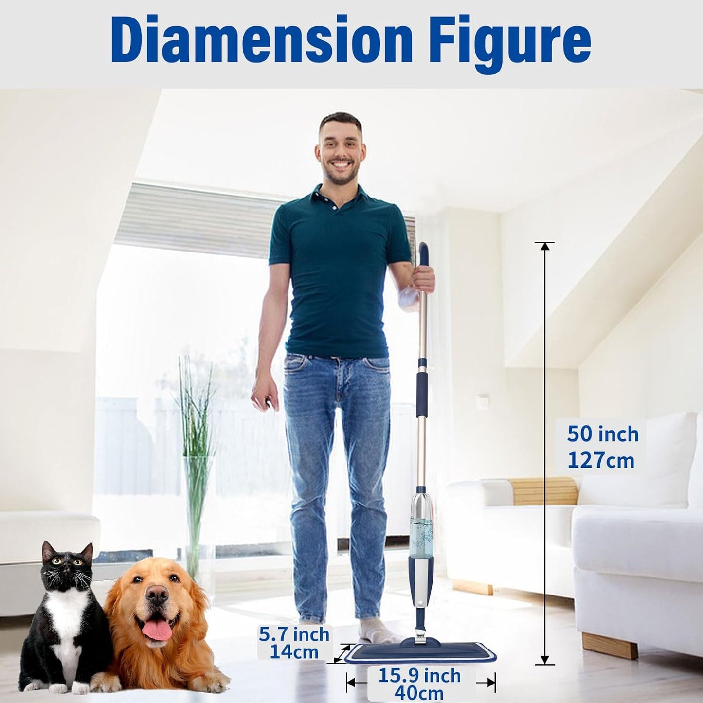 Spray Mops for Floor Cleaning Floor Mop with a Refillable Spray Bottle and 3 Washable Microfiber Pads Home or Commercial Use Dry Wet Flat Mop for Hardwood Laminate Wood (Dark Blue)