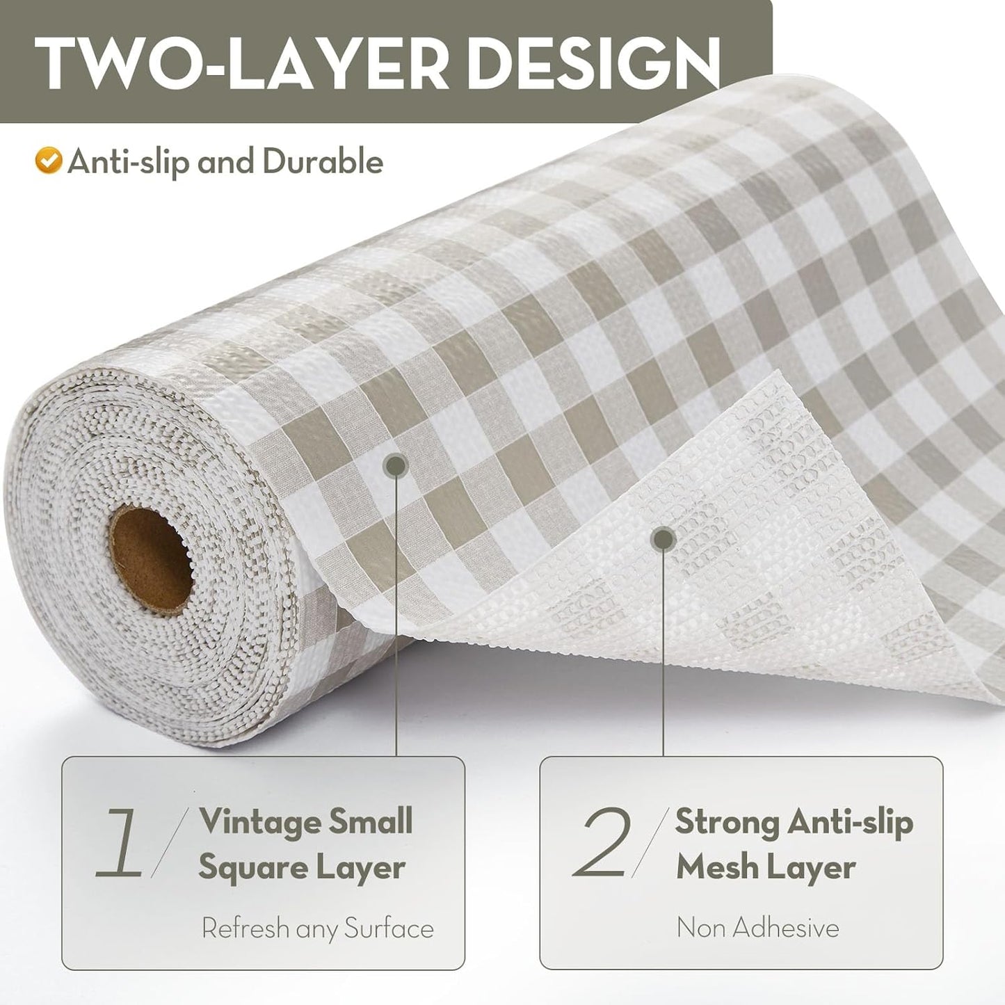 Drawer Shelf Liner, Non-Slip Kitchen Cabinet Liners Non-Adhesive Thick Strong Grip Waterproof Mats Protect Dresser Shelves Cupboard Bathroom Cabinets, Green Plaid, 23.6 in X 10 FT