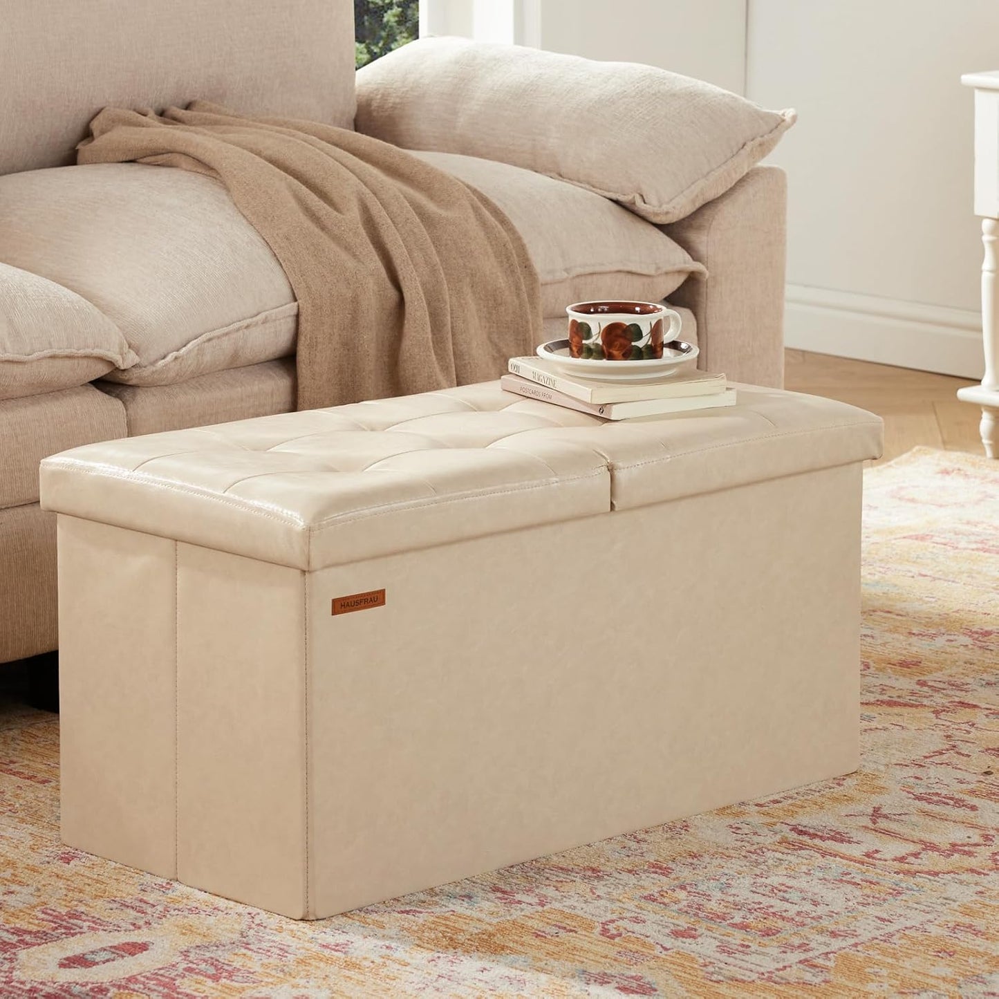 HAUSFRAU - 30 Inches Storage Ottoman Bench with Flipping Lid, Foldable Storage Chest Foot Rest for Living Room, Bedroom, Entryway, Load 660 lb, Synthetic Leather, Ivory