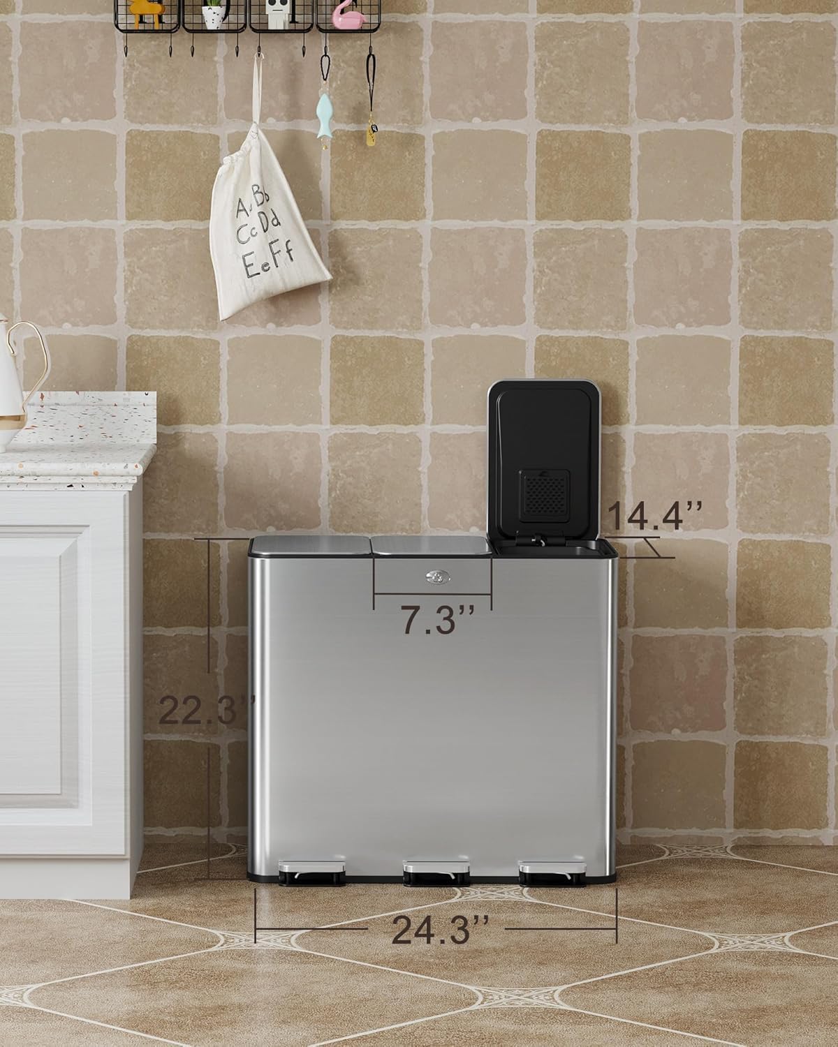 GarveeHome Trash Can 60L/15.9 Gal, Three Compartments Pedal Kitchen Recycling Trash Bin with Lids,Stainless Steel Garbage Can for Home Office Restaurant School Hospital