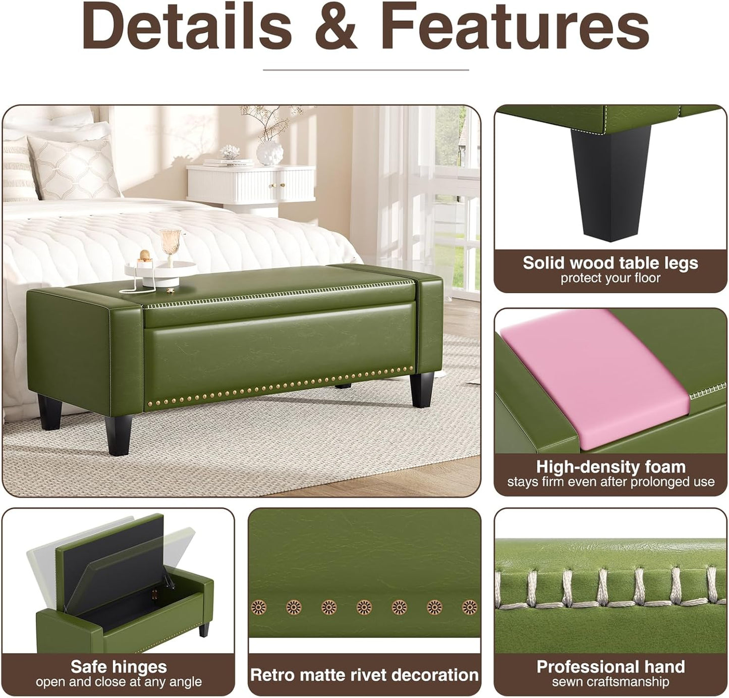 48.8" Storage Ottoman Bench Green | Faux Leather Bedroom Bench with Lift Top for Living Room & Bed End