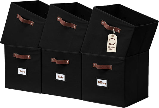 DECOMOMO Storage Cubes, 13x13x13 Storage Cube Bins with Labels, Fabric Organizer Bins (13" / 6pcs, Black)
