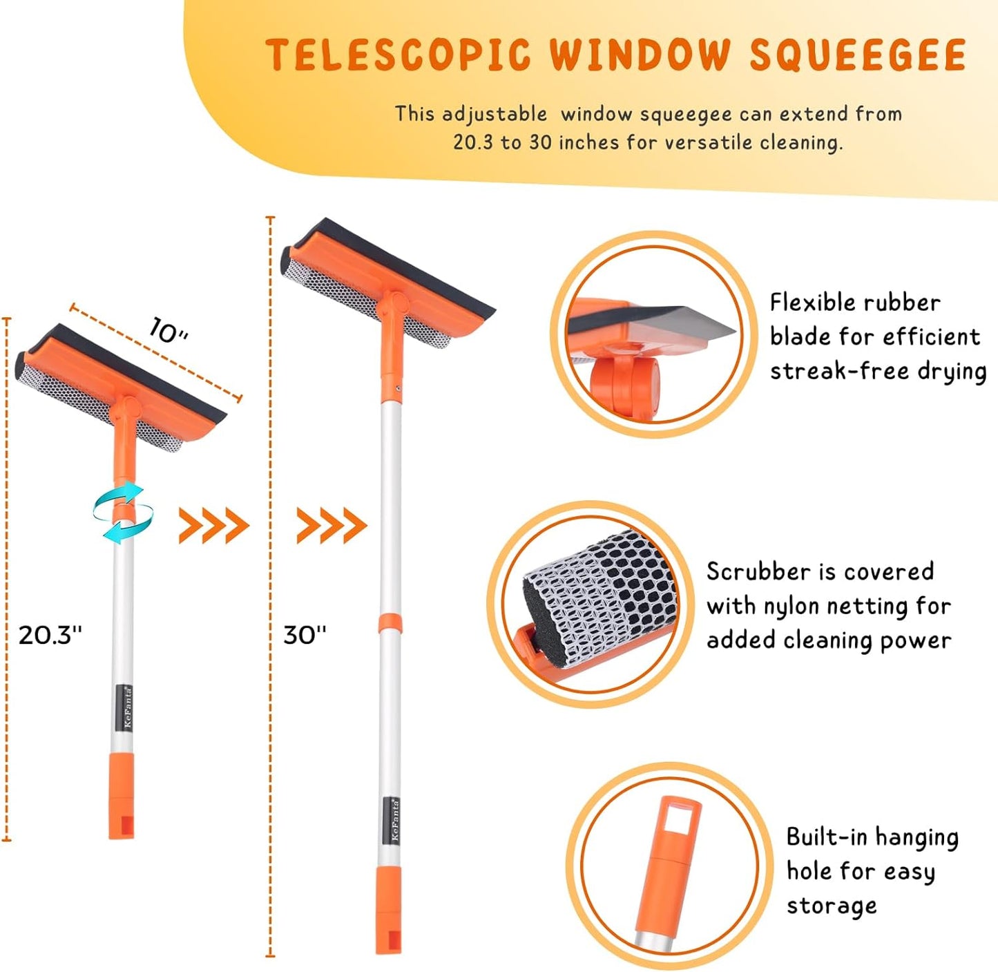 Window Squeegee for Home, Car Windshield Cleaner Tool with Extension Pole 20''-30'', Glass Door and Mirror Washer for Shower Cleaning