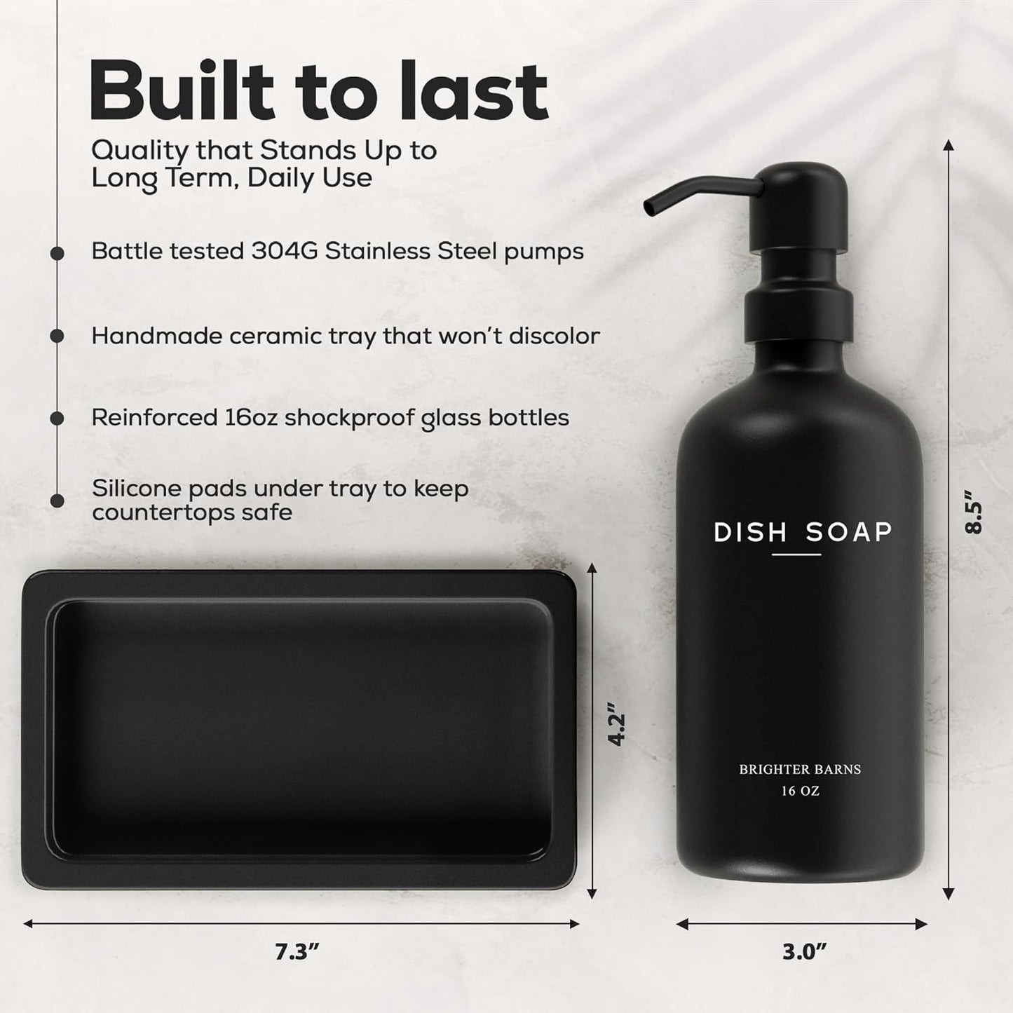 Black Glass Hand and Dish Soap Dispenser Set by Brighter Barns - Kitchen Soap Dispenser Set with Tray for Home, Airbnb, Vacation Rental, Gift - Minimalist Home Decor, Modern Kitchen Decor (Black)