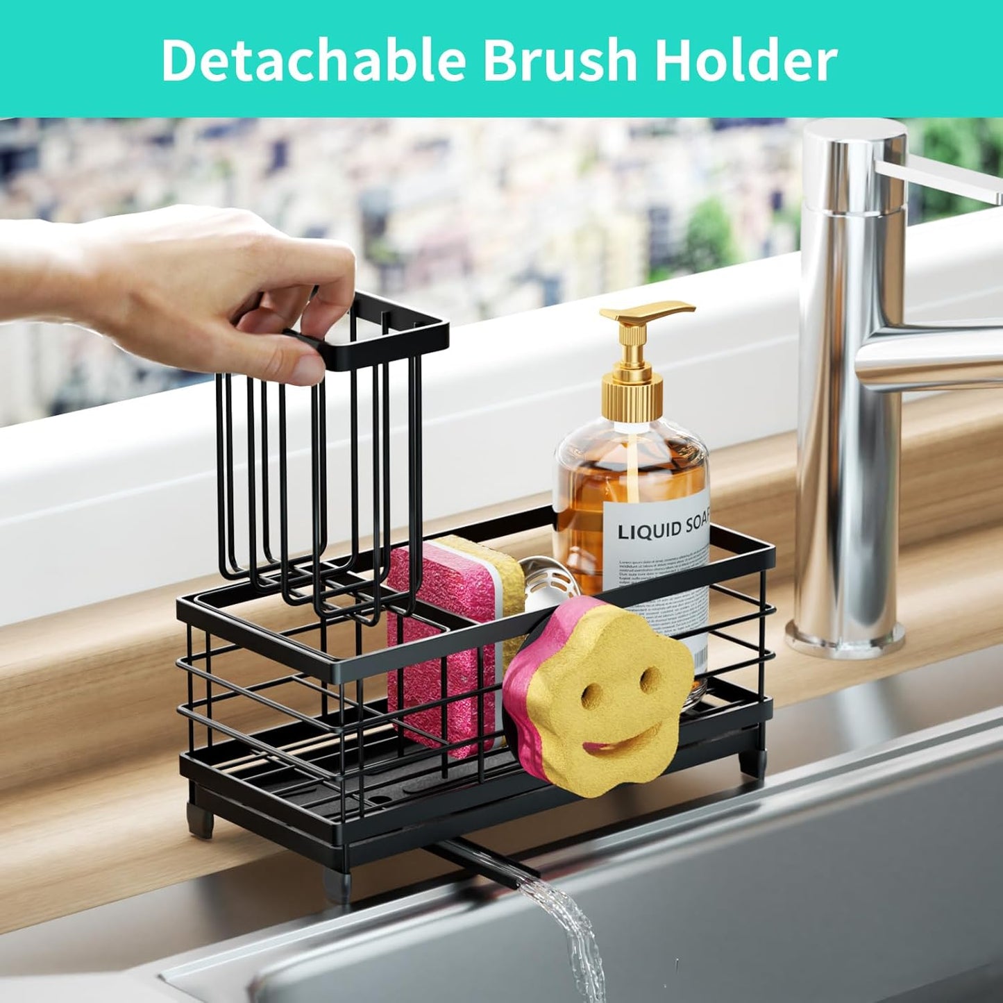 HapiRm Sponge Holder for Kitchen Sink - Self-draining Sink Caddy with Smiley Face and Brush Holder, Stainless Steel Kitchen Organizer for Countertop - Black