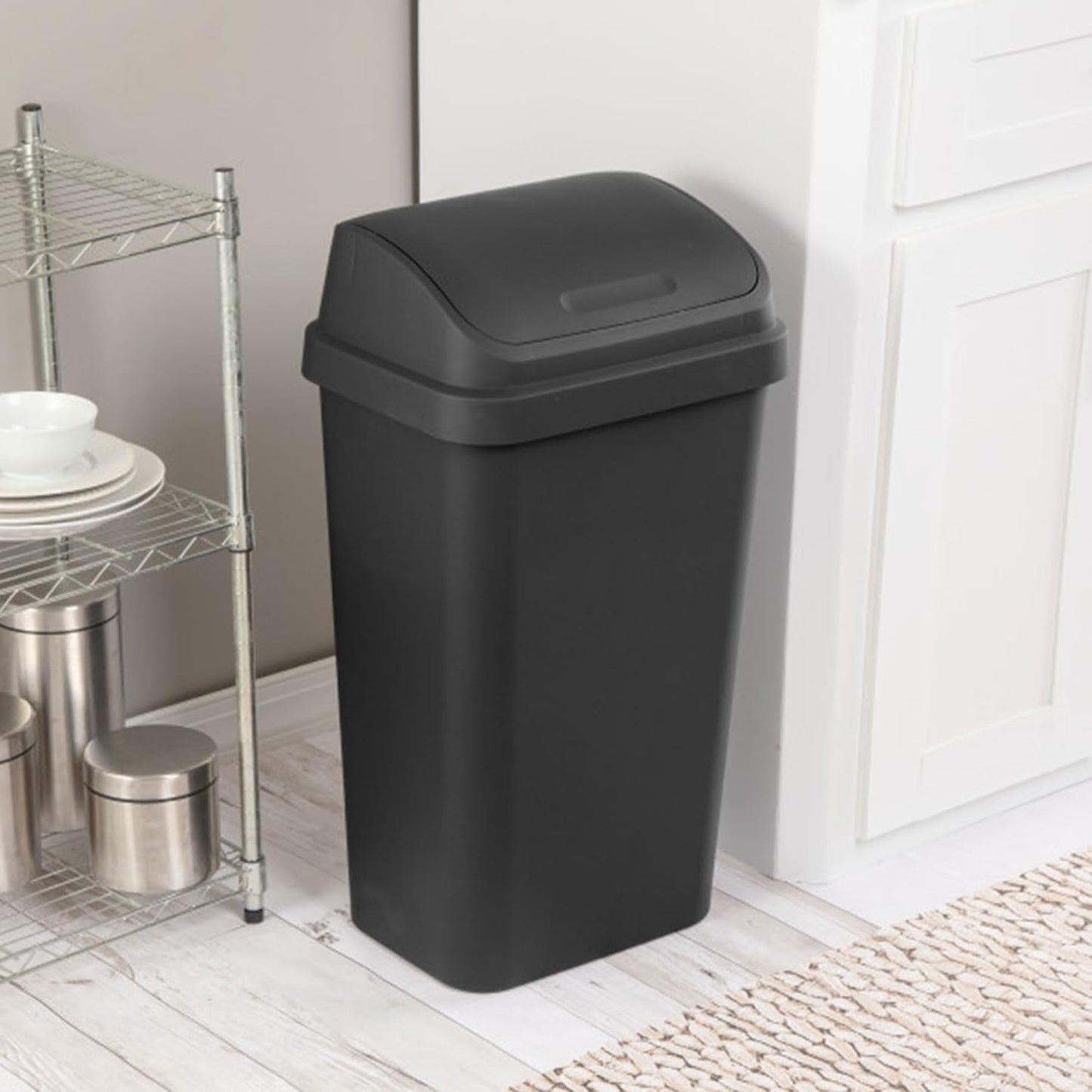 Sterilite 12-Pack Swing Top Wastebasket, Sleek Square Profile Trash Can, 13 Gallon, Black - Modern Garbage Bin for Kitchen, Bathroom, Garage and Workspace, Fits 13 Gal Liners