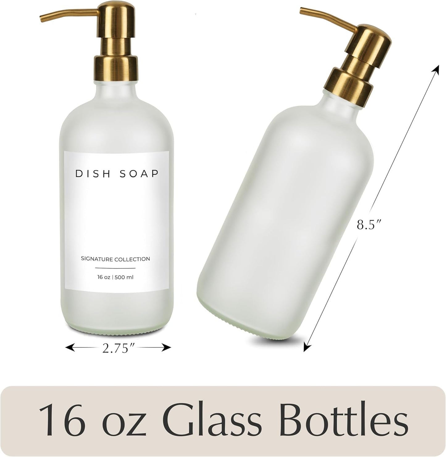 Emerson Essentials Glass Soap Bottle Dispensers, 2 Pack, Stainless-Steel Pumps Rust-Free, Hand Set for Bathroom Kitchen Sink, Liquid Lotion Shampoo Jars with 4 Waterproof Labels, 16 Oz Frost