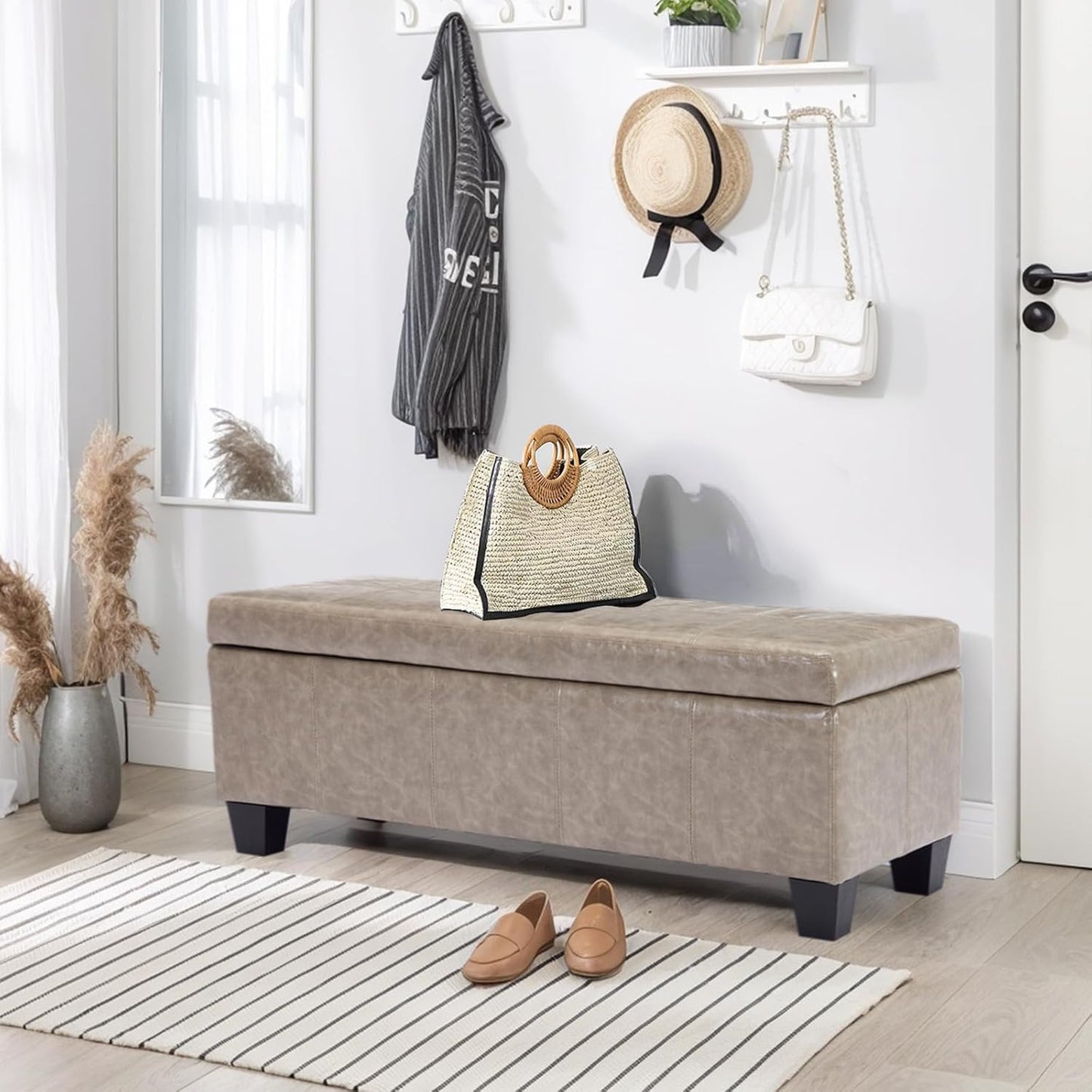 Faux Leather Ottoman with Storage, 42 Inch Rectangular Storage Ottoman Bench with Safety Hinged Lid, Large Upholstered End of Bench for Bedroom Entryway Living Room, Grey