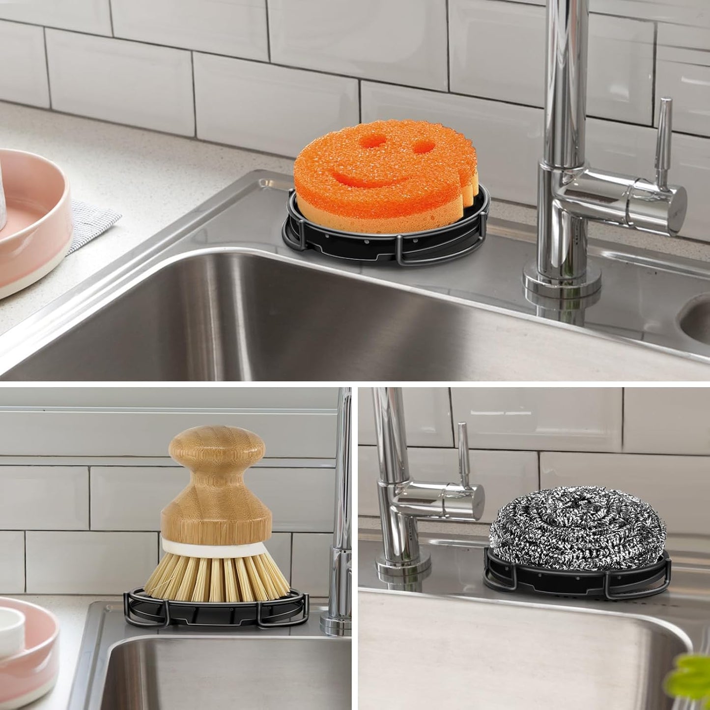Stainless Steel Smiley Face Dish Sponge Holder, Black Sink Caddy for Kitchen Countertop, Soap Bar Dishes with Drainage, Self Draining Soap Dish Saver Shampoo Holder Tray Caddy for Scrubber