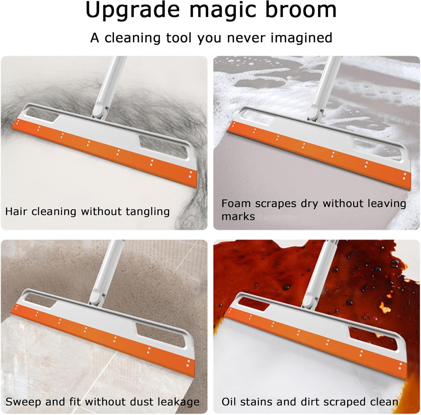 Magic Broom Multifunction Silicone Floor Squeegee, Air Broom for Floor with 56" Long Handle, 4-in-1 Rubber Sweeper for Dirt, Liquids, Pet Hair, Tile Hardwood Floors, Carpet, Living Room (Purple)