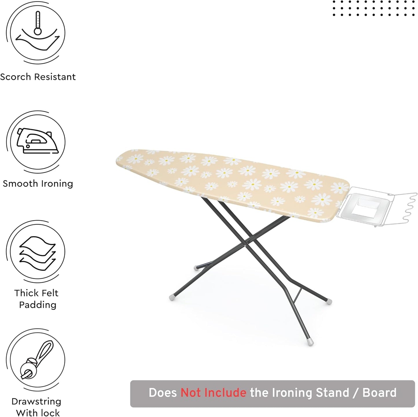 Encasa XO Ironing Board Cover and Pad 49"x18" - Thick 3mm Felt Padding, Drawstring Tightening & Lock, Easy Fit, Scorch & Stain Resistant, Fits Wide Ironing Board - Daisy Beige