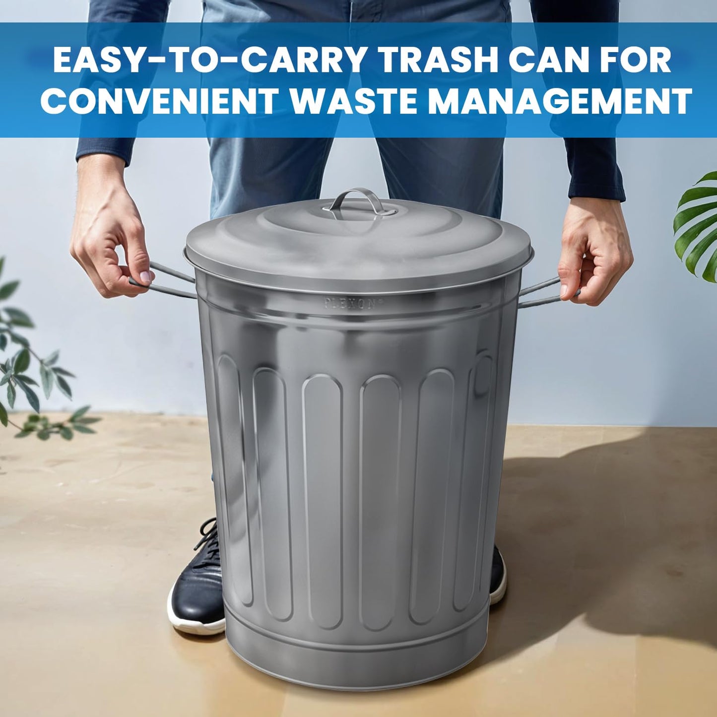 Plexon Round Trash Can 13 Gallon, Vintage Metal Outdoor Trash Can with Lid, Retro Farmhouse Garbage Container, Old School Modern Ash Bucket, Galvanized Steel 6 Pack