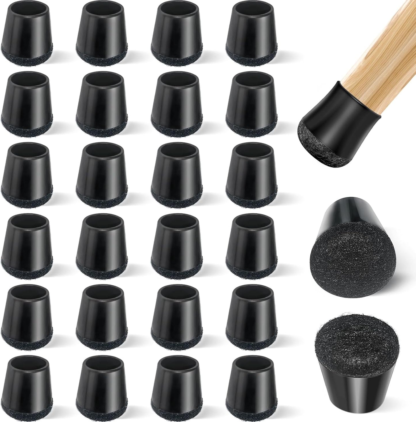 24 PCS Silicone & Felt Chair Leg Floor Protectors for Hardwood Floors - Furniture Pads, Chair Leg Covers/Cups - No Noise & Scratch-Proof - Round XS (Fits 9/16" - 13/16" / 15-20mm), Black