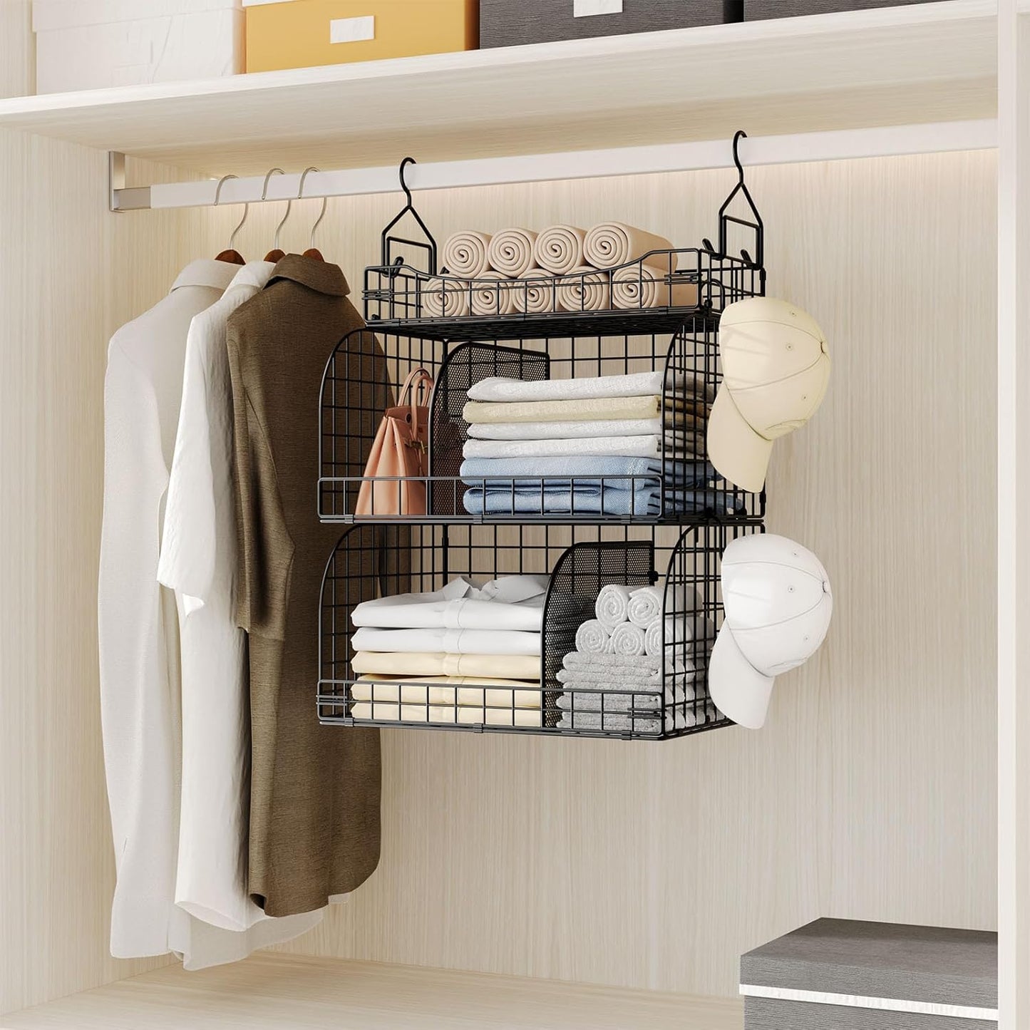 HapiRm Hanging Closet Organizer Storage - 3 Tier Metal Stackable Hanging Closet Shelves with Dividers and S Hooks, Foldable Clothes Shelves for Clothes, Pants, Shoes, Coat, Hats Clutches Accessories
