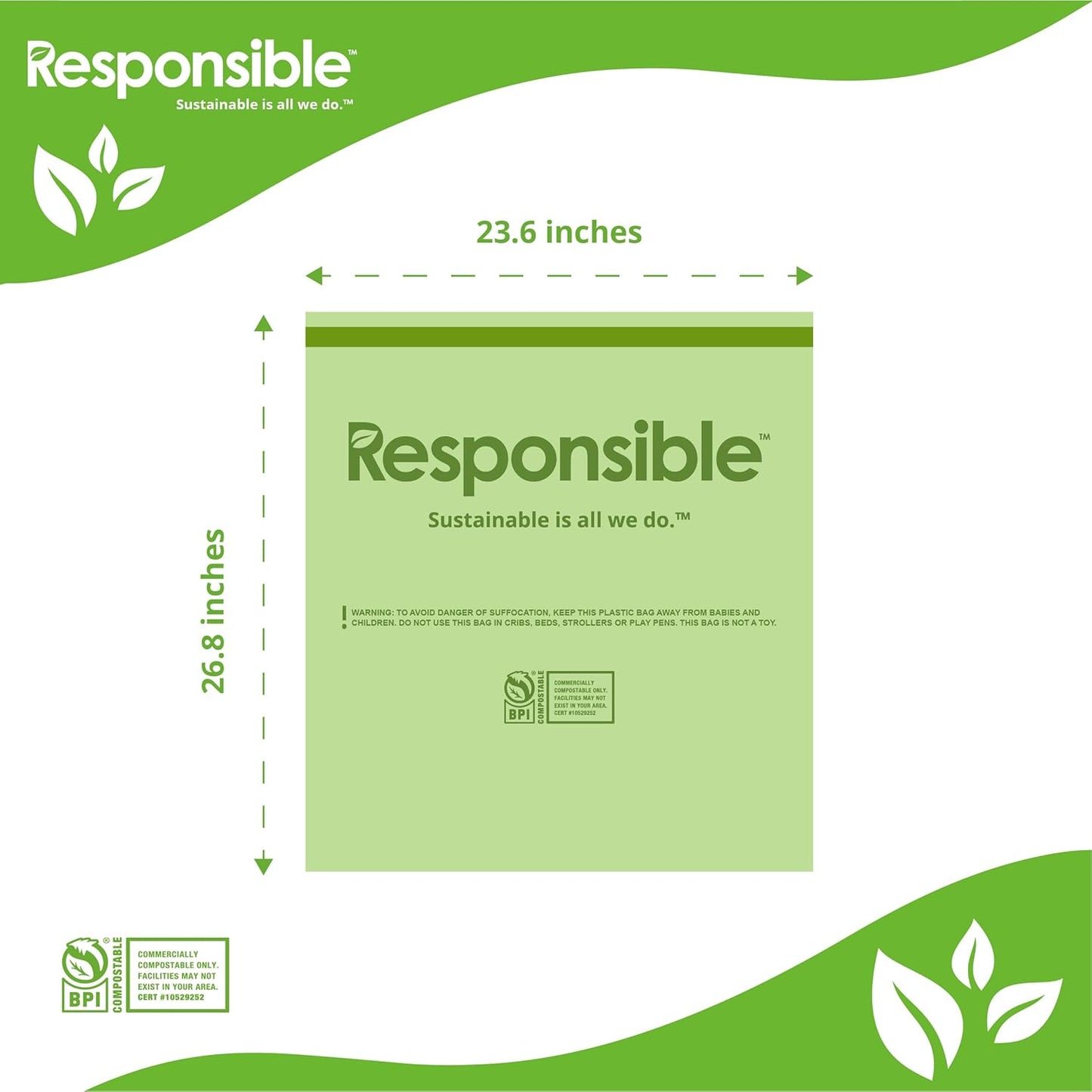 Responsible Products Kitchen Bin Liners, Certified Compostable, Heavy Duty Multipurpose Food Scrap Bags, Made from Compostable Materials (13 Gallon Drawstring, 13 Gallon (24 Count))